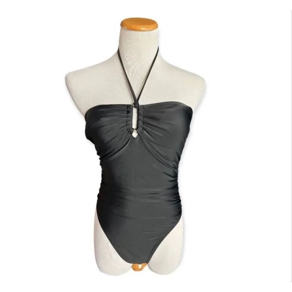New Womens Peddney High Neck Keyhole Black Swimsuit w Tummy Control - Sz S